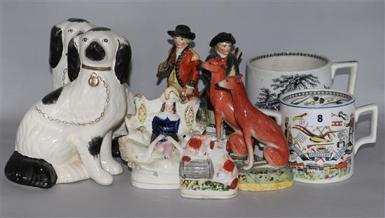 A pair of Staffordshire black and white King Charles Spaniels and sundry Staffordshire dogs and groups, etc.